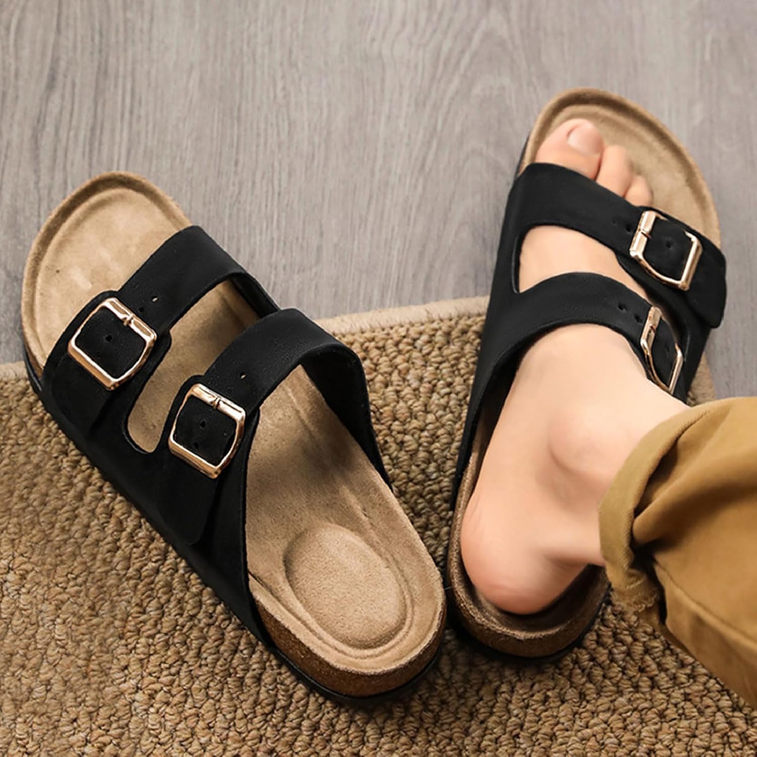 Сандалии Titype Cork Footbed с поддержкой свода для женщин и мужчин, регулируемая пряжка, натуральная кожа, удобные летние сандалии для улицы и пляжа, черный — фото 2