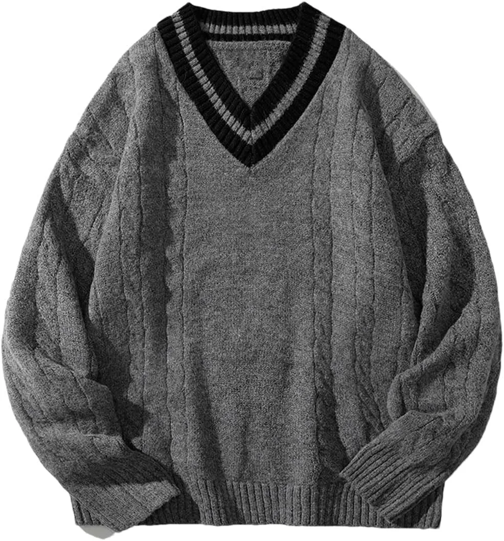 

Мужской зимний вязаный свитер V-образным вырезом в полоску HEYDHSDC