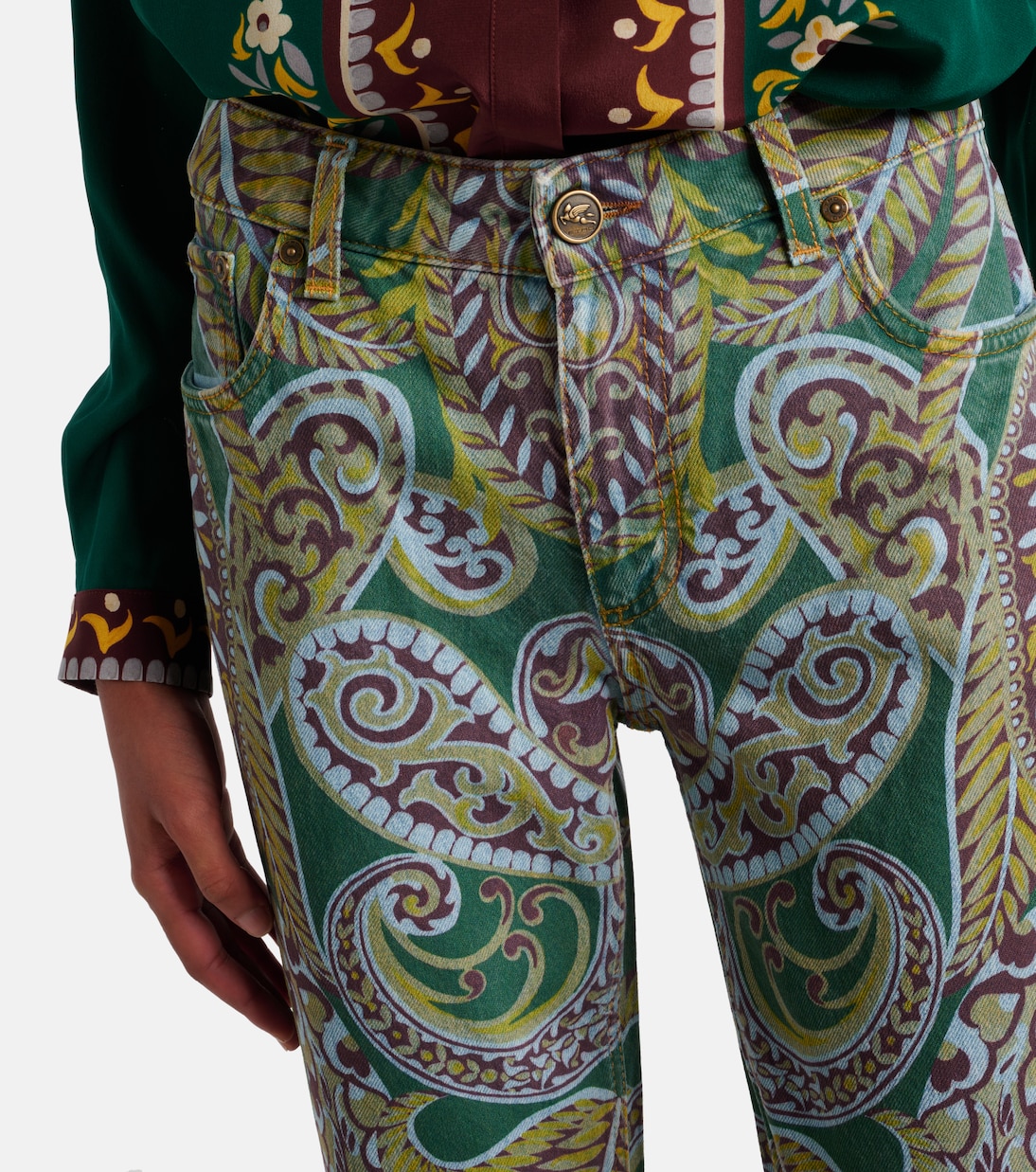 Джинсы bootcut с высокой талией и узором пейсли Etro, Print On Green Base — фото 4