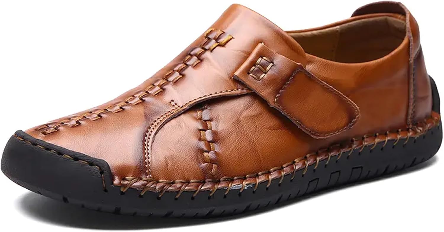 

Мужские кожаные повседневные лоферы с пряжкой, регулируемые винтажные туфли, деловые броги, комфортные спортивные мокасины для ходьбы Asifn, коричневый