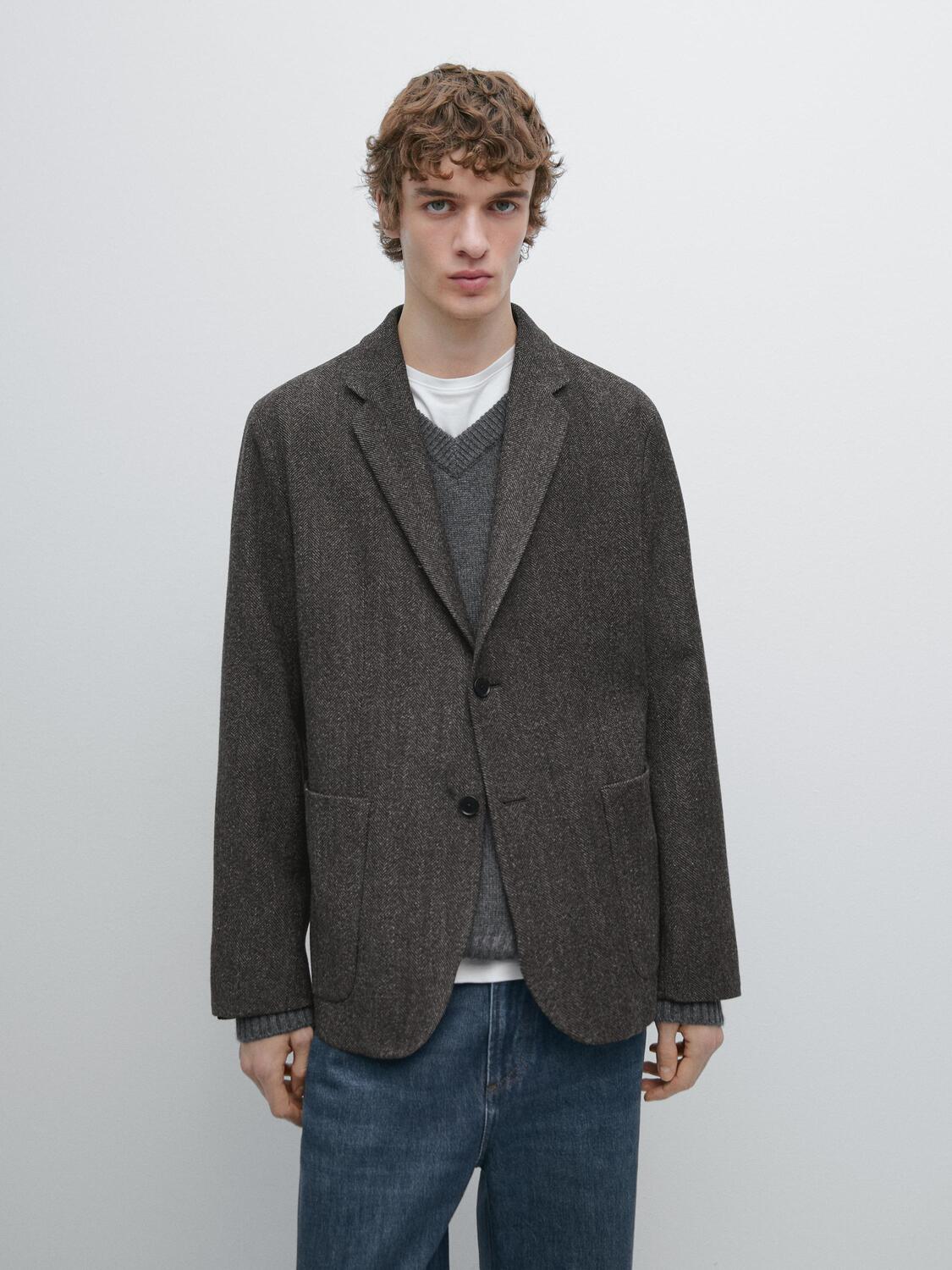 Блейзер из смесовой шерсти с узором «елочка» Massimo Dutti, charcoal — фото 3