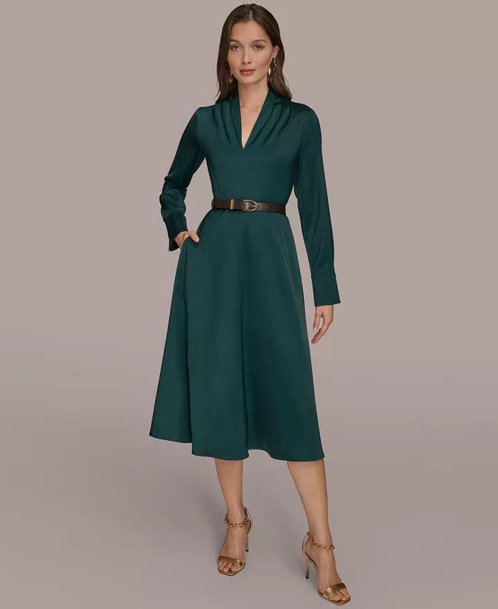 

Женское атласное платье миди А-силуэта с V-образным вырезом и поясом Donna Karan New York, синий