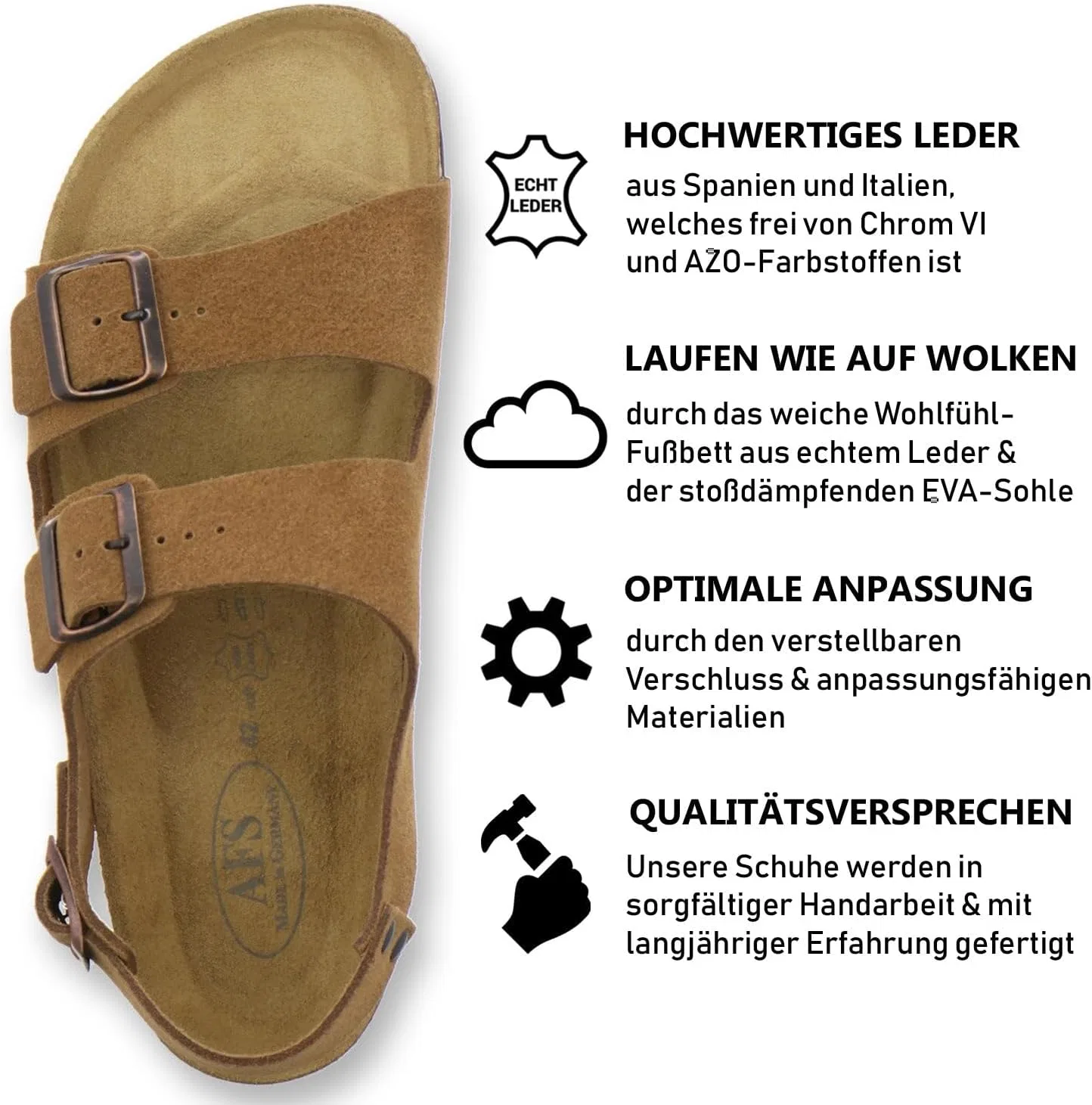 Удобные мужские сандалии AFS-Schuhe, кожа, размер 40-47, производство Германия, Cognac Velour — фото 2