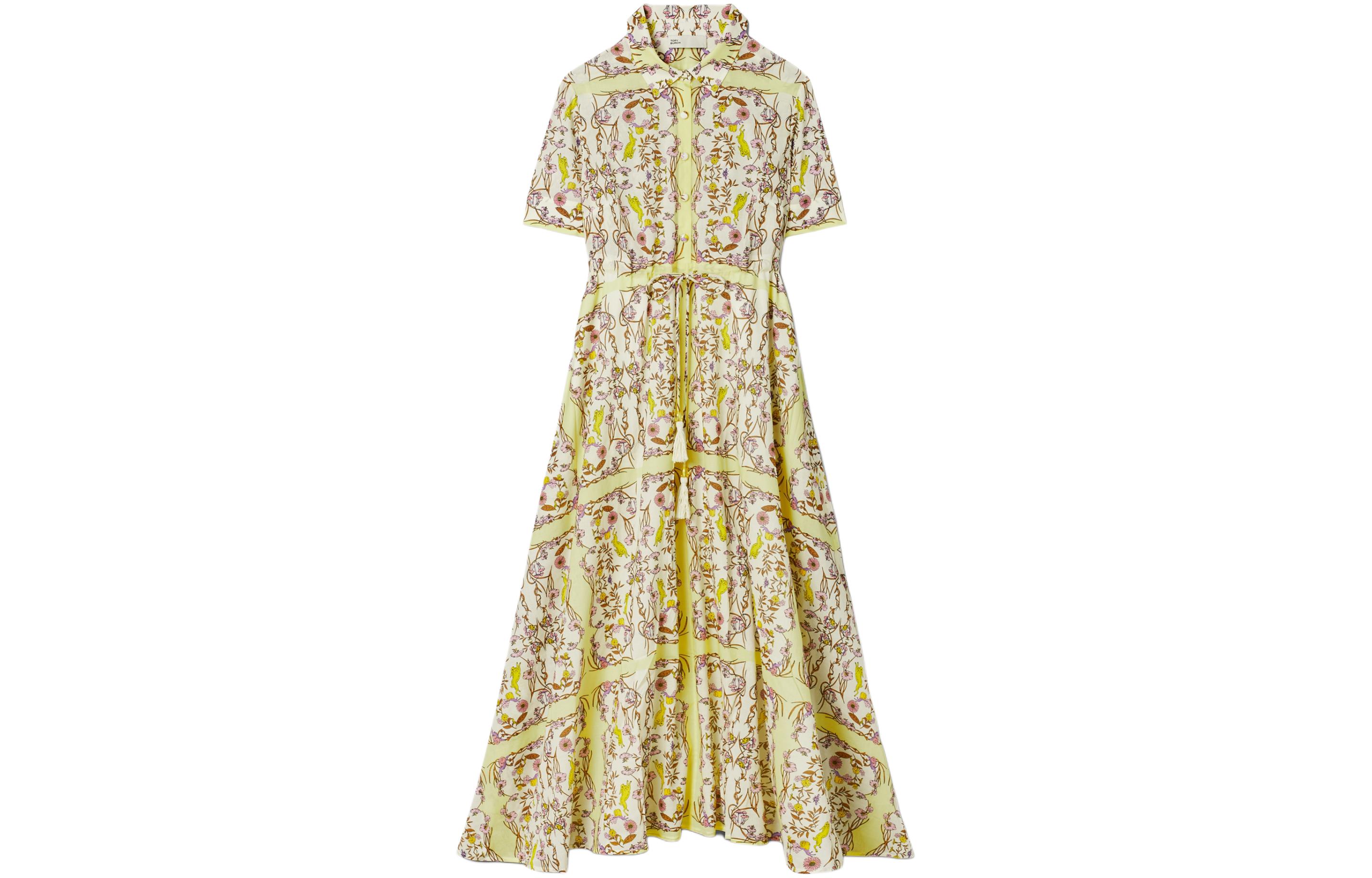 

TORY BURCH Женское платье с коротким рукавом желто-зеленое Countryside Dialogue