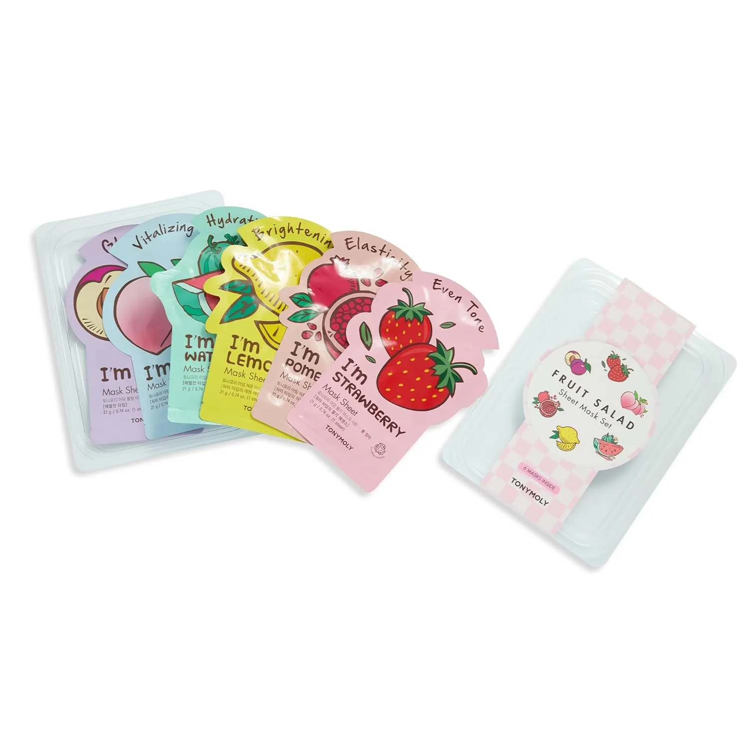 Набор TONYMOLY — Fruit Salad Sheet Mask Set - 6 увлажняющих и осветляющих корейских тканевых масок с витамином C и фруктовыми экстрактами для — фото 4