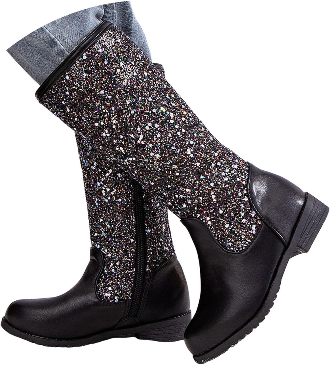 

Детские ковбойские сапожки для девочек, средняя голень, с блестками, из блестящей кожи, стиль вестерн, массивный каблук, молния сбоку, круглый носок, широкие модные водонепроницаемые ботинки для малышей, маленьких и больших детей ZSpzx, Black