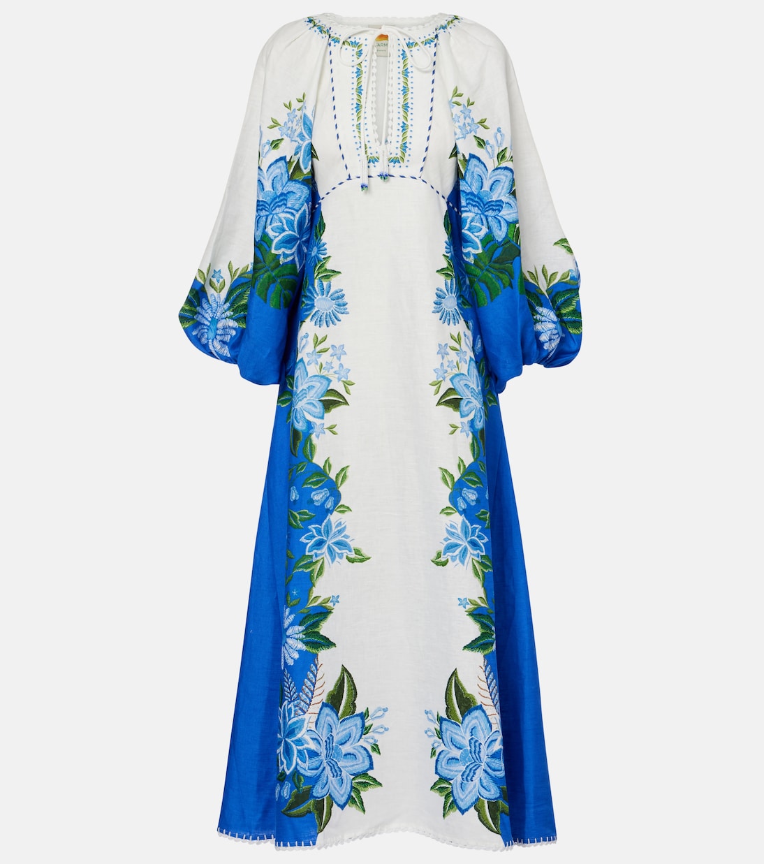 

Льняное макси-платье с рукавами-фонариками Farm Rio, Bloom Garden Blue