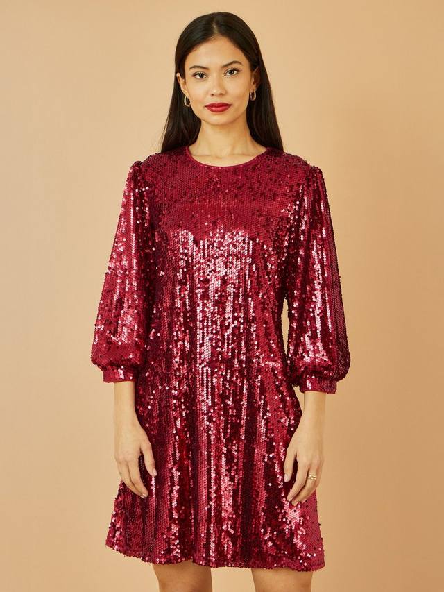 

Мини-платье с пайетками, круглым вырезом и рукавом три четверти Yumi, Burgundy