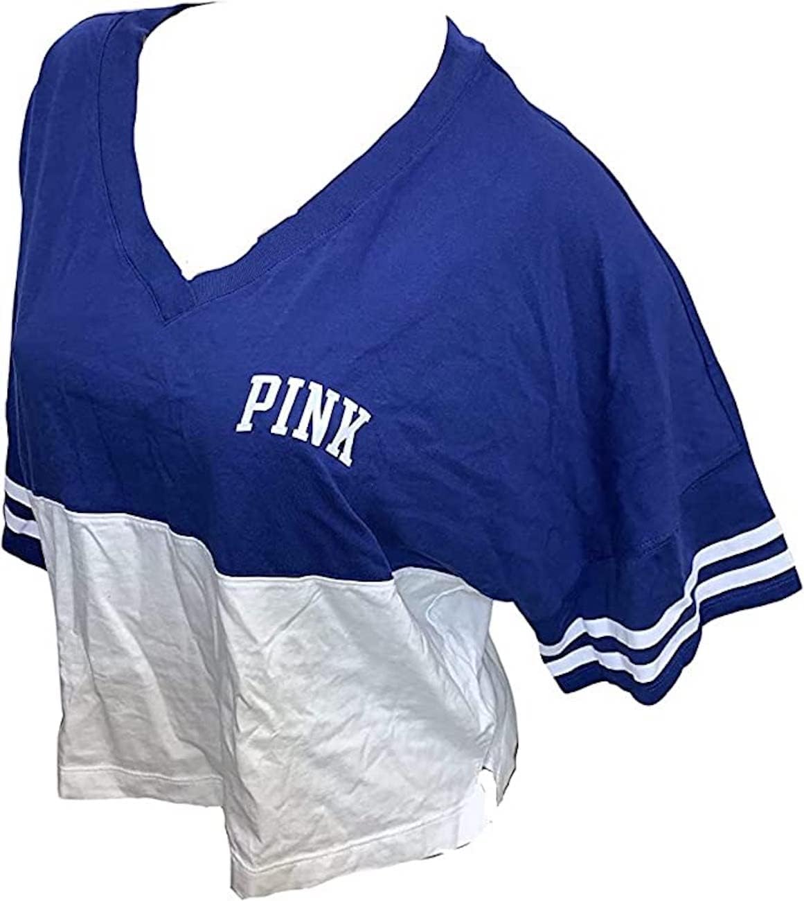 

Розовая хлопковая футболка-кроп-топ Victoria's Secret, цвет синий/белый, цвет блока, новинка, Blue/White