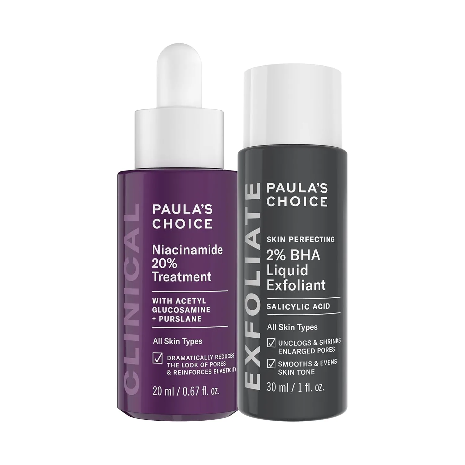 Набор из 2 средств: сыворотка Paula's Choice CLINICAL с 20% ниацинамидом и жидкий эксфолиант с 2% салициловой кислотой (дорожный размер).