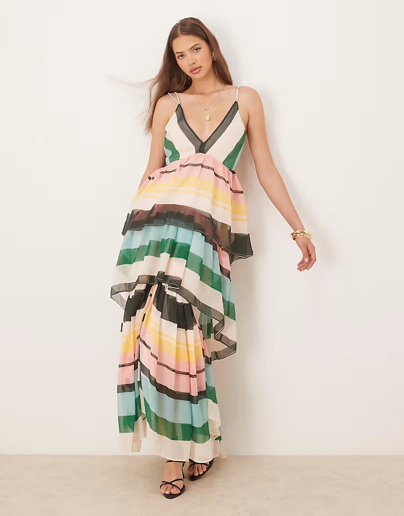 

Платье макси ASOS DESIGN с глубоким вырезом, открытой спиной и полосатым принтом