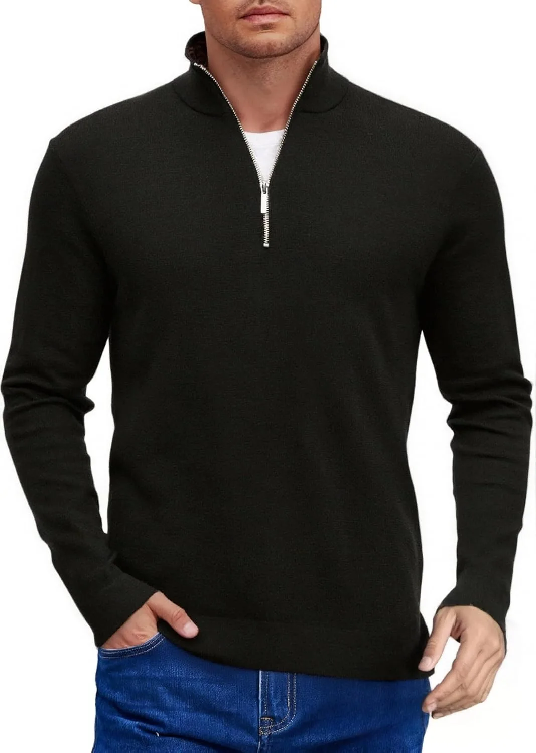 

Мужской свитер с полумолнией и воротником стойкой slim fit