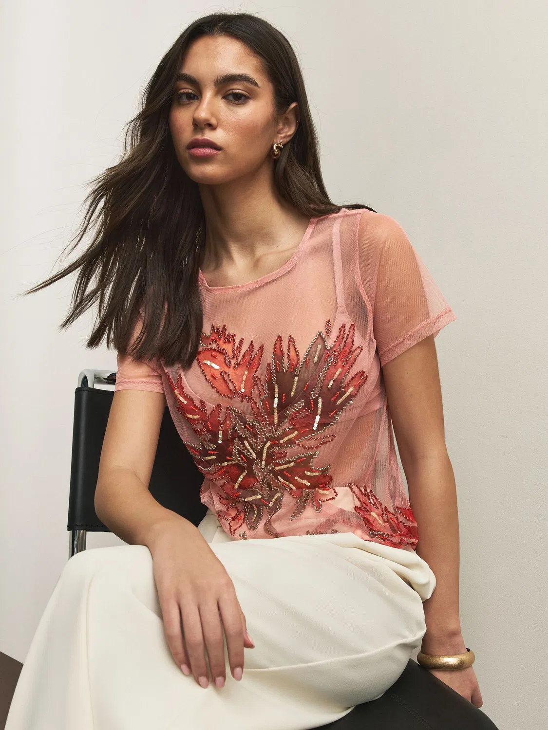 Топ с коротким рукавом, принт Palm Print Next, Coral Pink