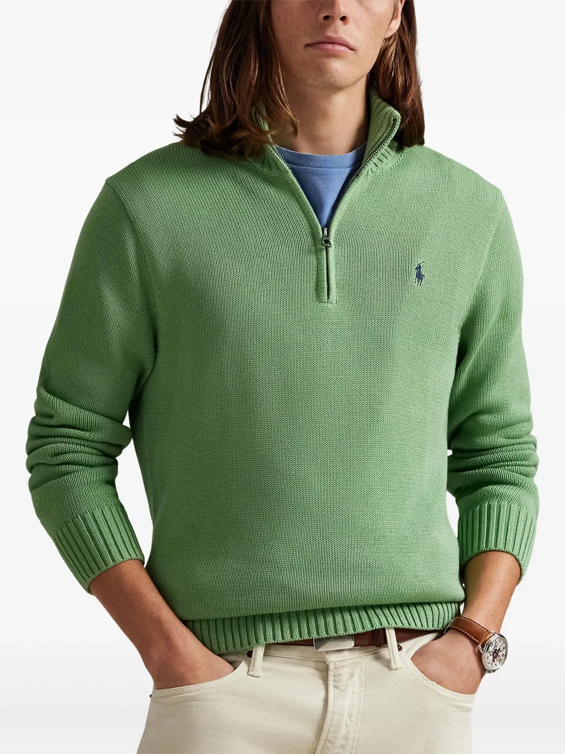 Свитер с полу-молнией из хлопка Polo Ralph Lauren, зеленый — фото 2