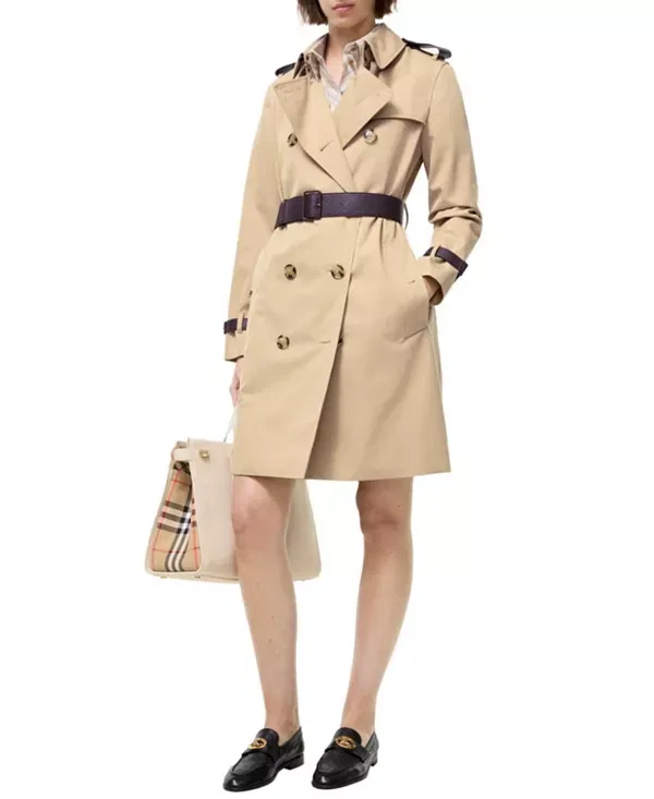 Женское пальто с кожаной отделкой Kensington Trench Coat Burberry, Honey Beige — фото 2