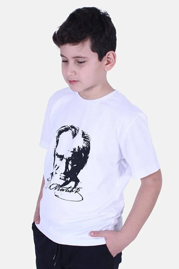 Детская футболка для мальчиков с принтом Ataturk Printed And Signed Unisexs T-Shirt Fyk Kids, White — фото 2