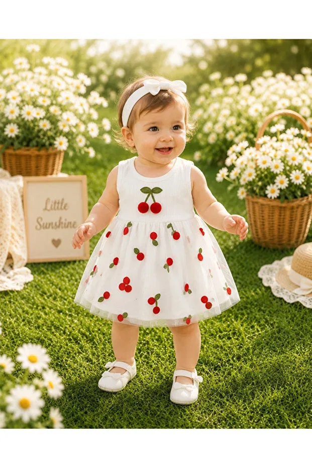 Детское платье для девочек хлопковое Cherry detailed tulle snap dress Masal Bebe Kids, White — фото 2
