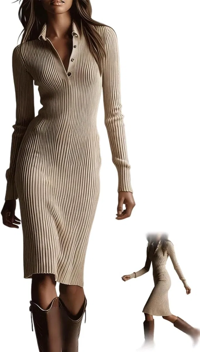 Женское свободное платье-свитер с поло-воротником Ribbed Knit, Apricot