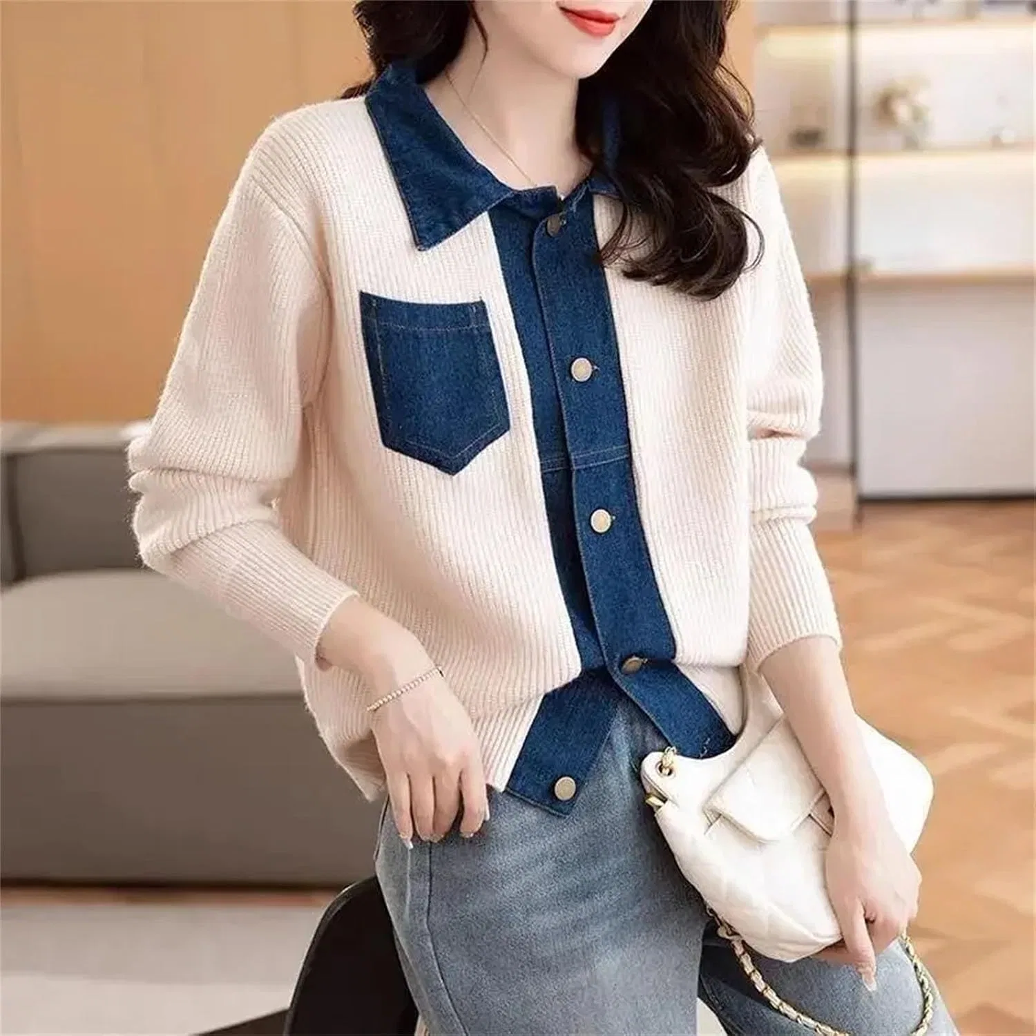 Женский джинсовый кардиган с воротником, модель Spring Denim Patchwork, красный — фото 4