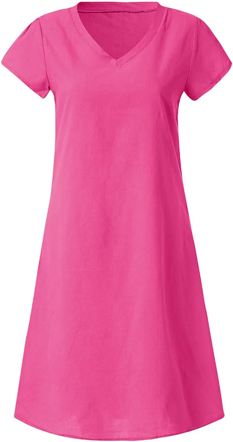 Женское летнее платье миди свободного кроя из хлопка и льна, Hot Pink