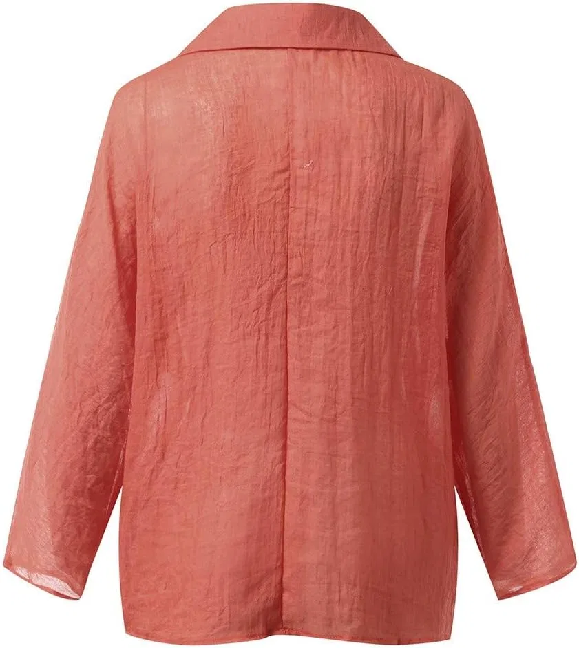 Женская свободная льняная рубашка с V-вырезом Oversized, Orange — фото 4