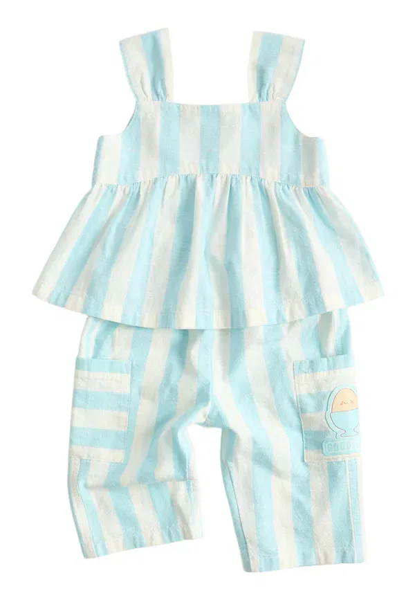 Комплект из двух предметов в полоску, хлопок, 2 piece striped set - брюки, Marks & Spencer Mix, синий