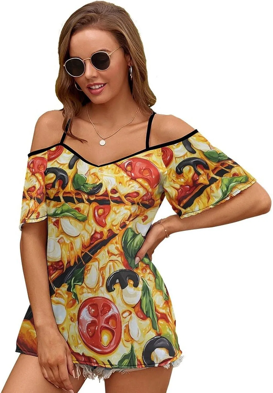 Женское платье-футболка с принтом пиццы Cold Shoulder Tops, Style