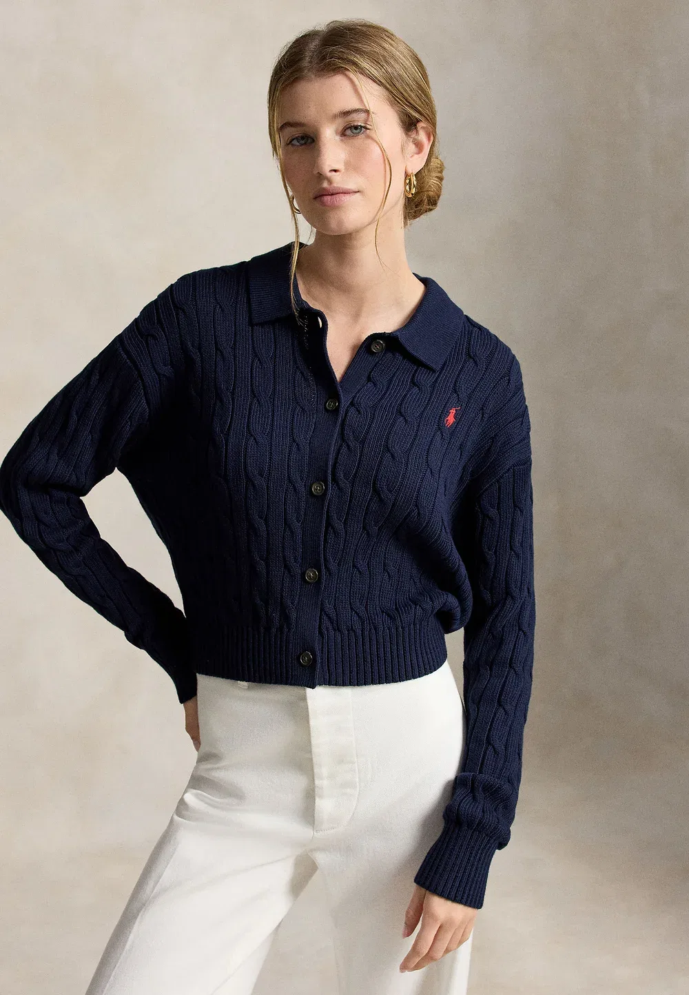 Хлопковый кардиган с воротником-поло и косами - кардиган Polo Ralph Lauren, Hunter Navy