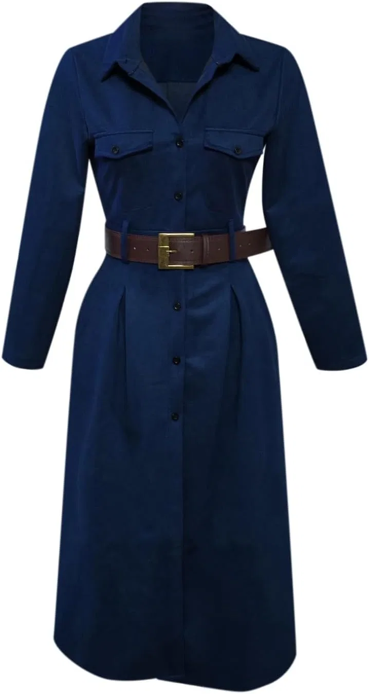 Женское винтажное платье-рубашка из замши с поясом, Navy — фото 3
