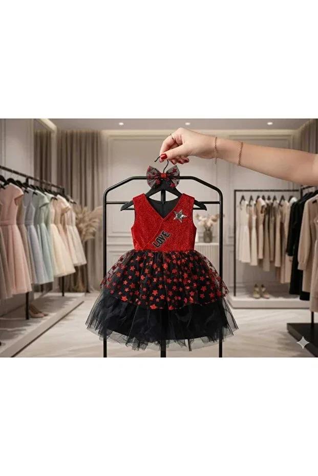 Детское платье для девочек с принтом Girl'S starry silvery love model evening dress Hilal Akıncı Kids, Red — фото 4