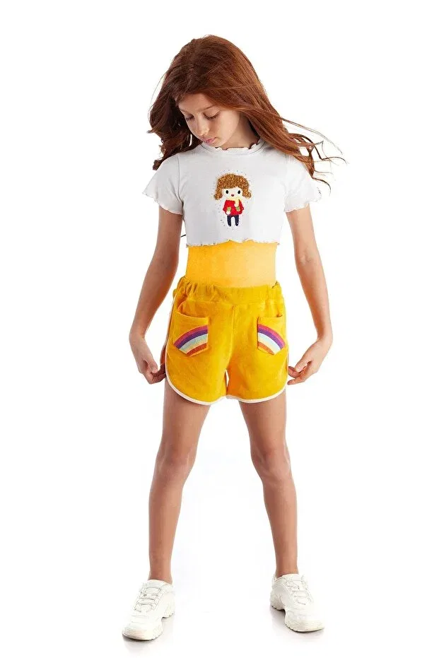 Детские шорты для девочек с принтом Rainbow Pocket Embroidered Colorinas, Orange