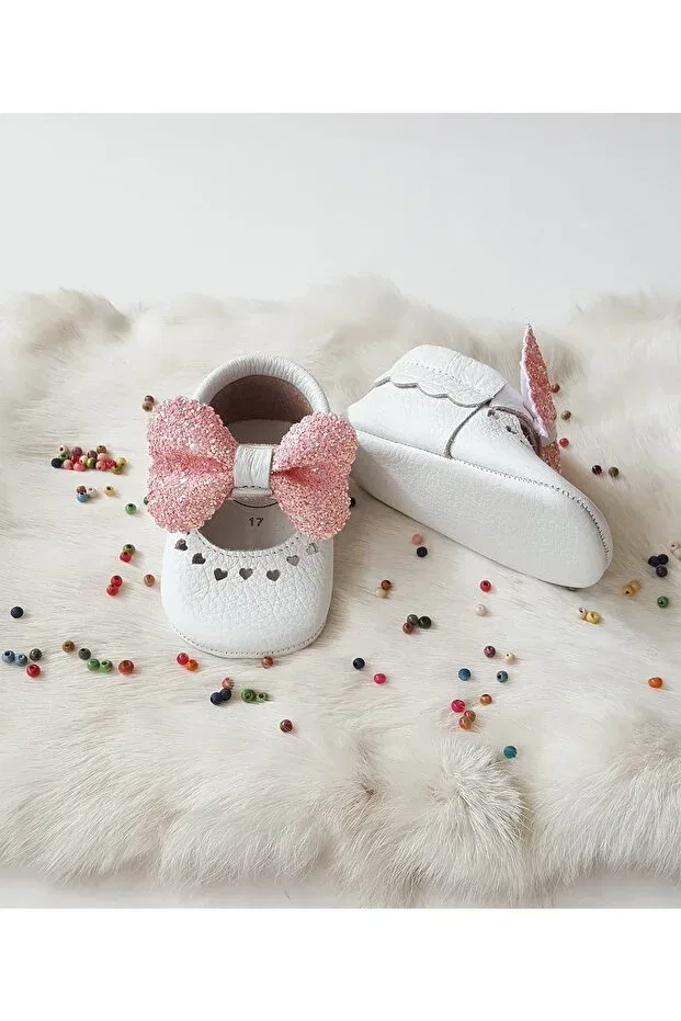 Детские ботинки из кожи с моделью Alice genuine leather pink stone loafers Hodore, White With Stone — фото 3