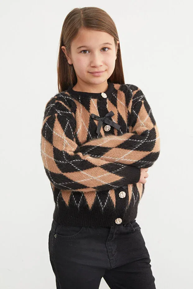 Детский кардиган для девочек с принтом Baklava patterned bowknot buttoned Fulla Moda, Black — фото 3
