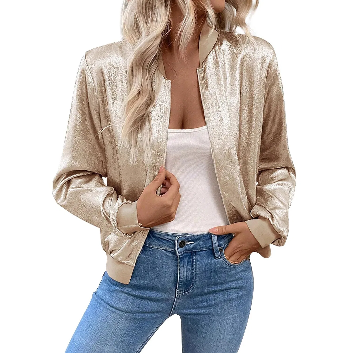 Женская куртка с блеском на молнии оверсайз, beige