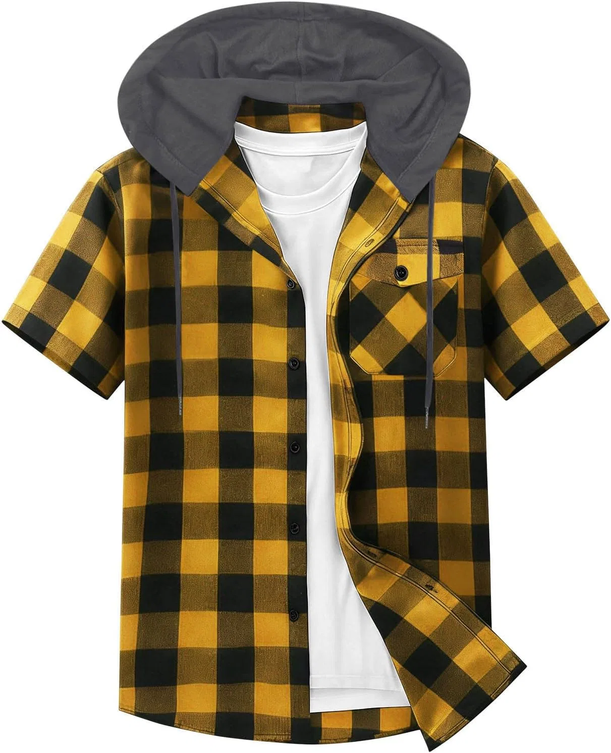 Мужская фланелевая рубашка с капюшоном и карманом, Gray Hood_yellow — фото 4