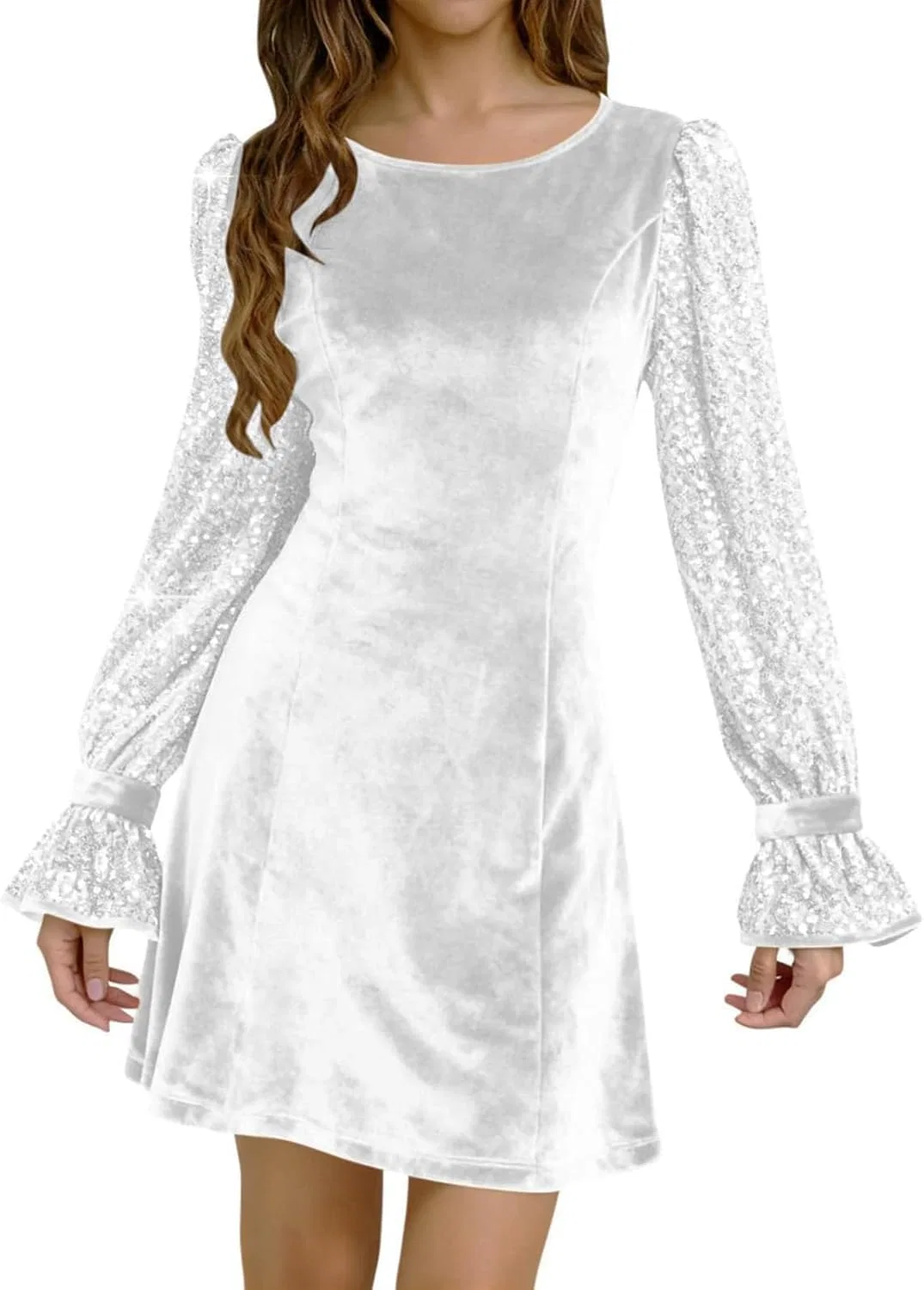 Женское платье из вельвета с длинным рукавом, 01-white