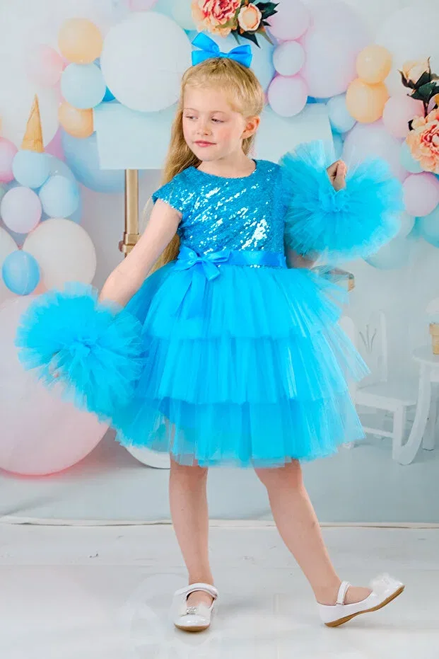 Детское платье для девочек с длинным рукавом Party Mixie, Glass Blue — фото 4
