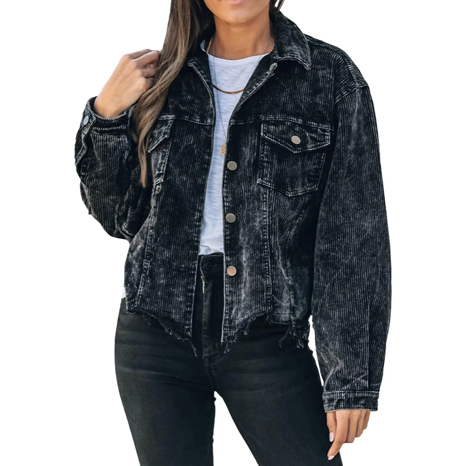 Женская куртка из вельвета с бахромой, Black