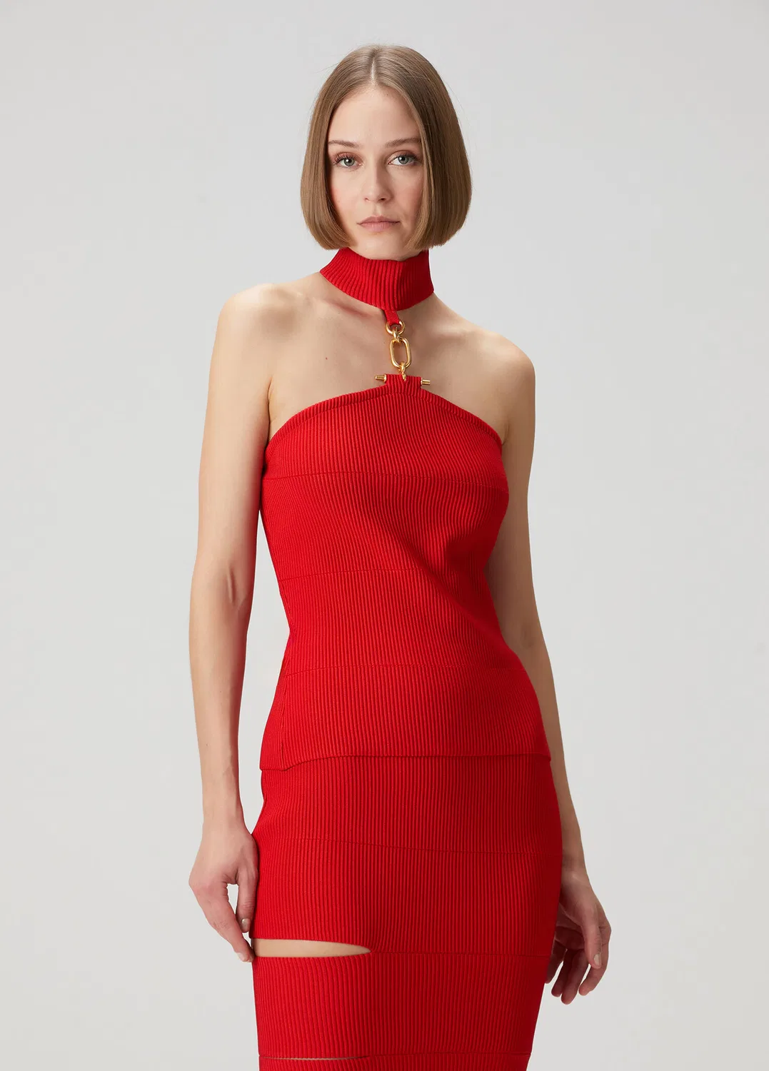 Блуза трикотажная с золотыми аксессуарами Balmain, red — фото 3