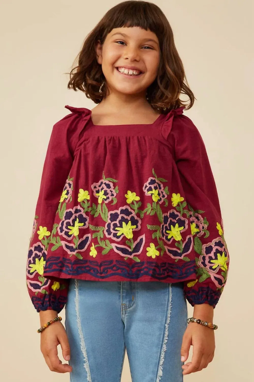 Детская блузка для девочек с цветочной вышивкой и оборками Floral Embroidered Ruffled Top Hayden Girls, Berry