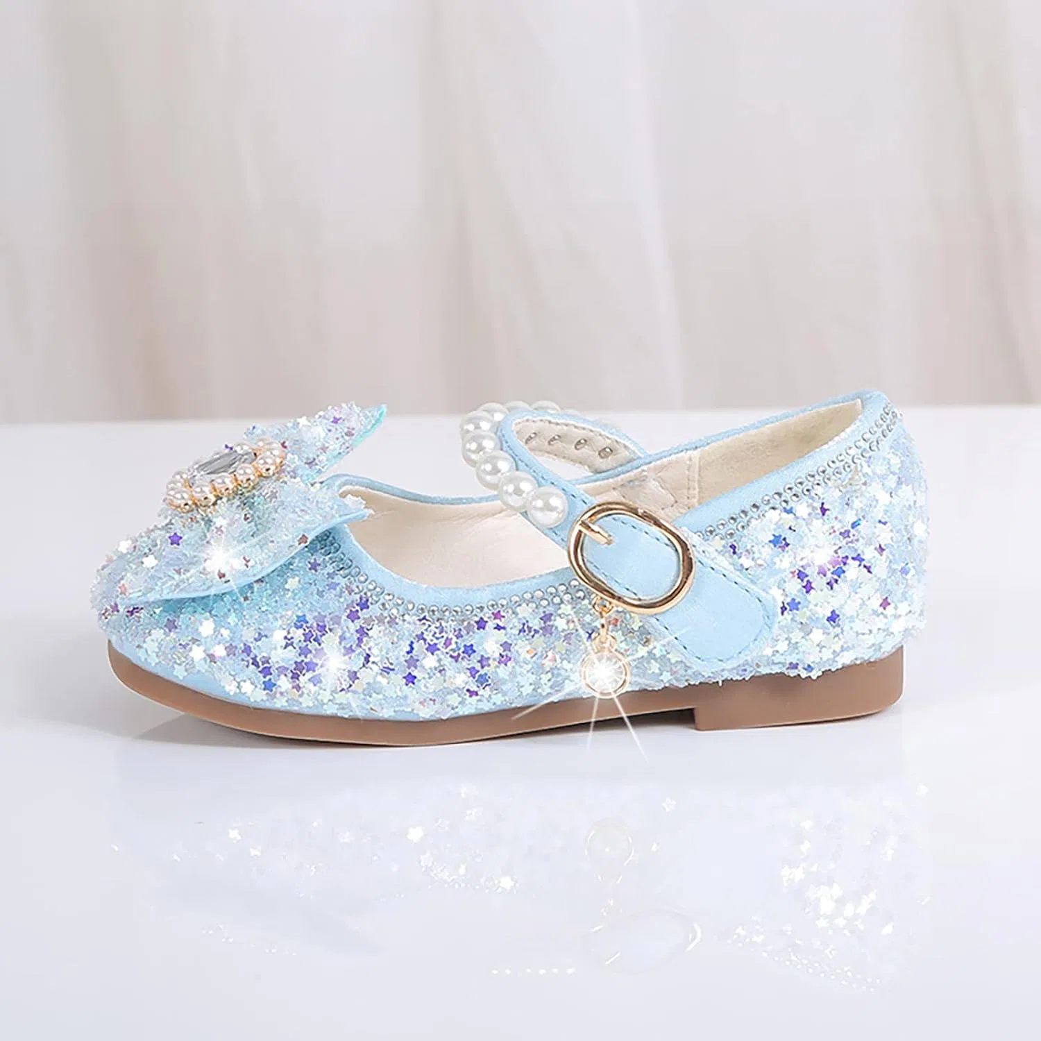 Детские туфли для девочек с принтом Rhinestone Bows, Light Blue — фото 3