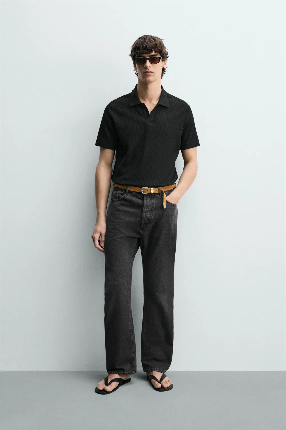 Рубашка-поло с вертикальной текстурой ZARA, Black