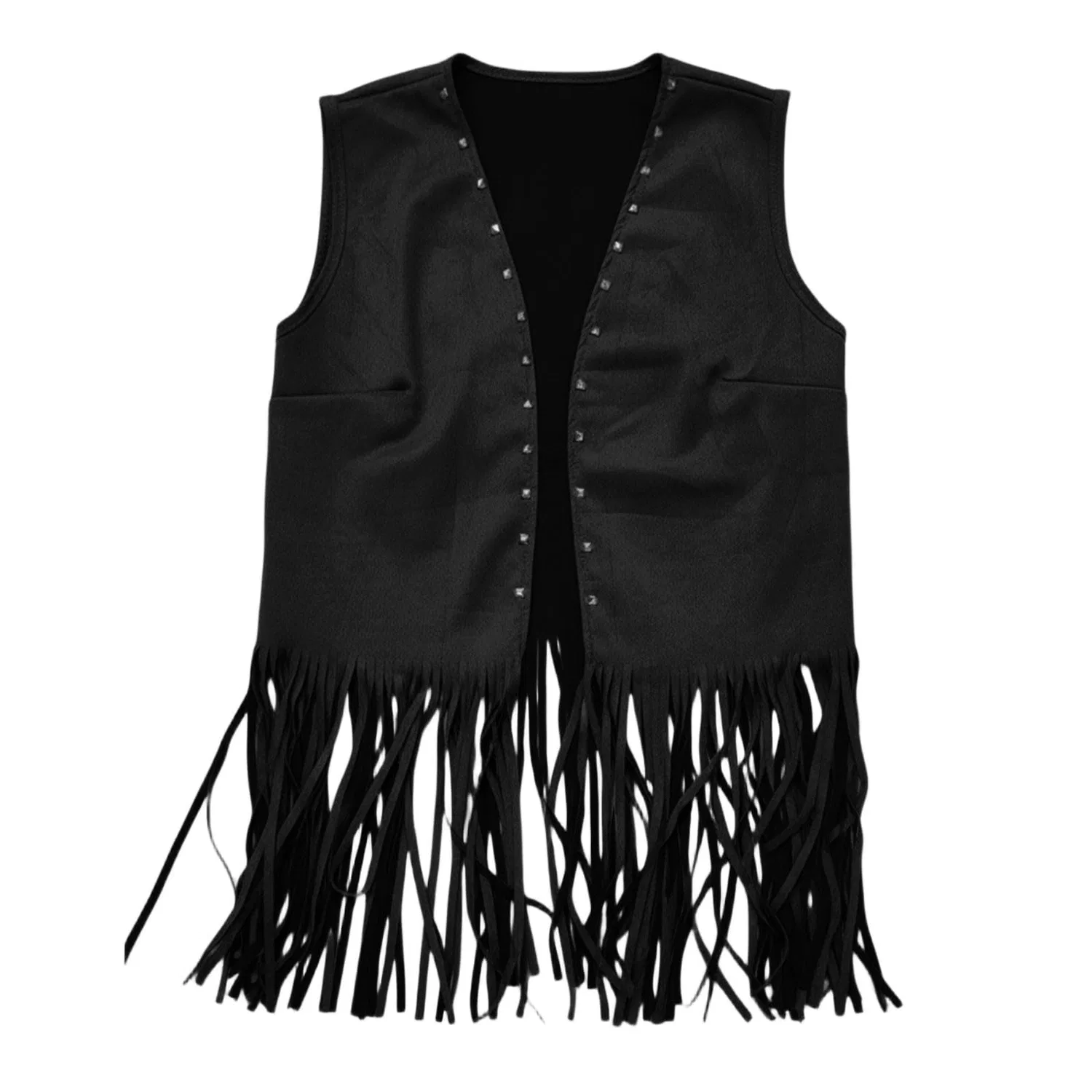 Женский жилет без рукавов с принтом 2026 Gilet Cowboy Donna con Frange Costume Hippie Senza Maniche Giacca Cestiti Anni 70 Hip Hop Giacche Cardigan Costumi di Carnevale in Pelle Daino per Adulto Stile Vintage, Nero — фото 2