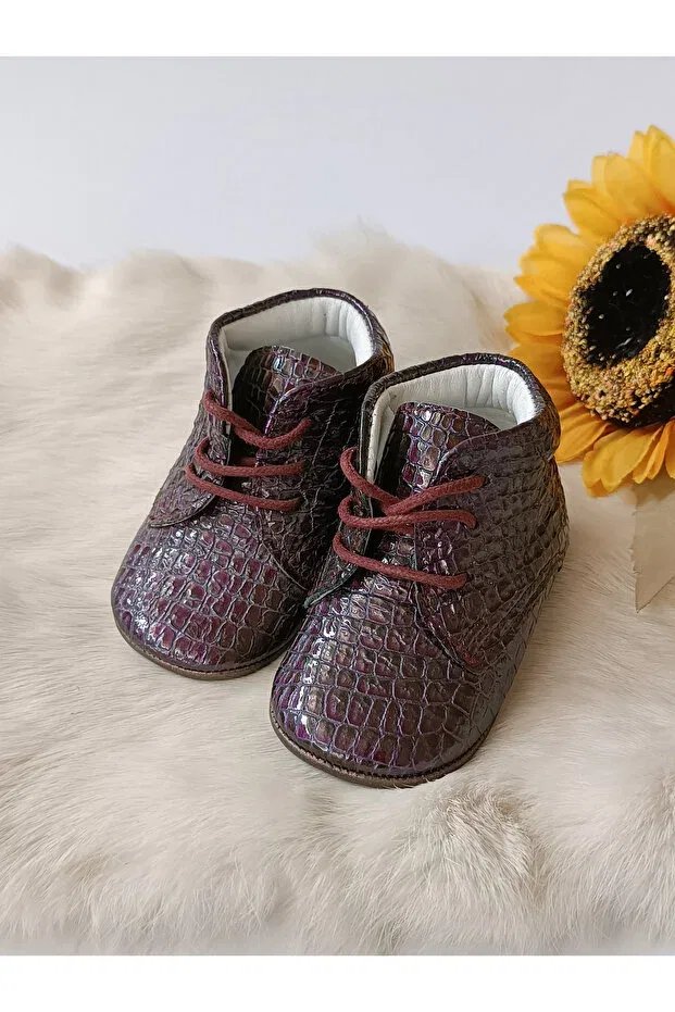 Детские ботинки для новорожденных кожаные Plum Printed Genuine Leather Baby Booties Hodore, Damson Printed