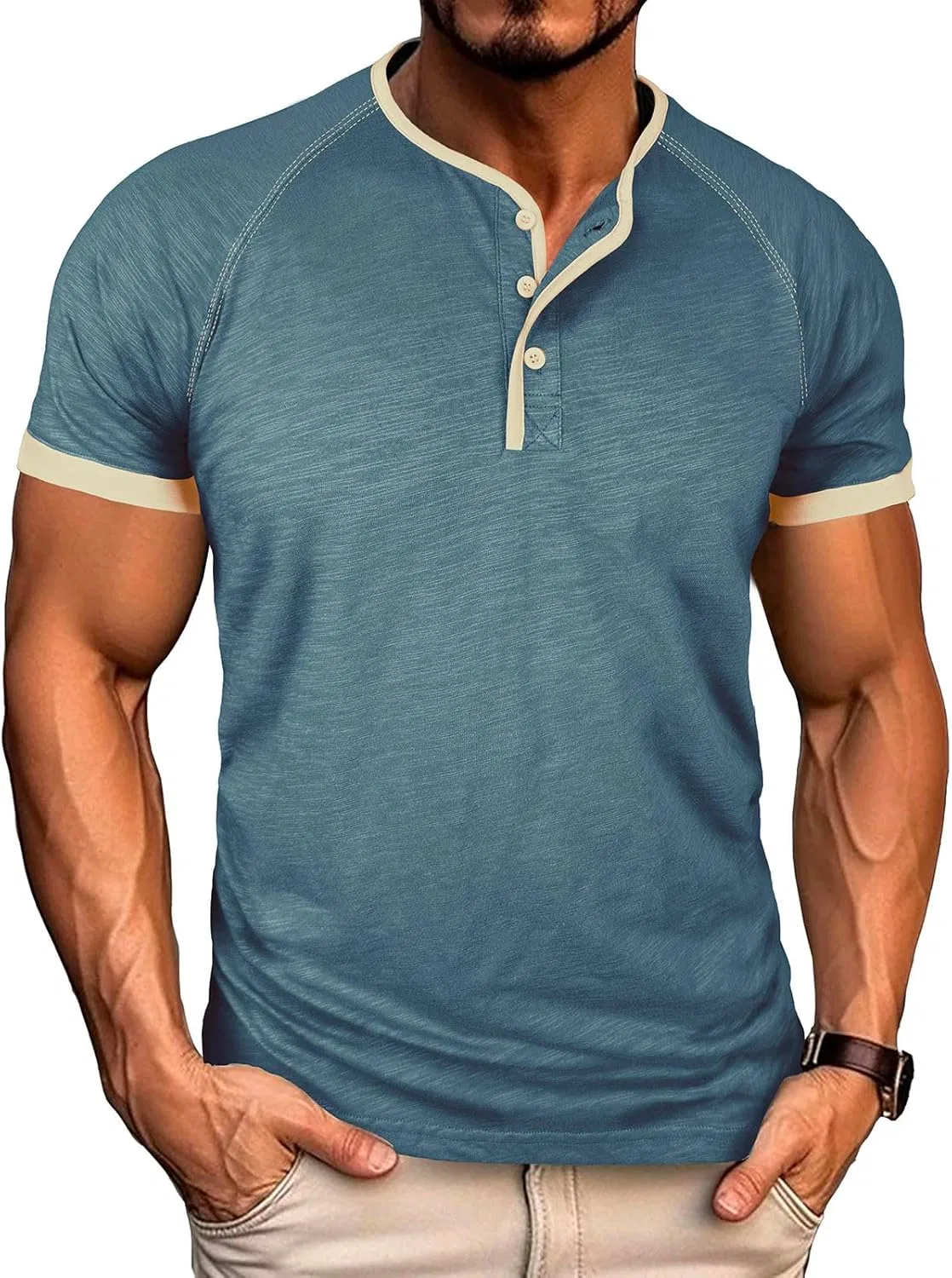 Мужская хлопковая рубашка-поло с коротким рукавом Henley, Blue — фото 2