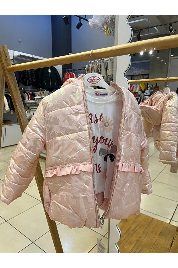Детское пальто для девочек с принтом Hologram printed salmon color three piece coat suit Kts Baby, Metallic