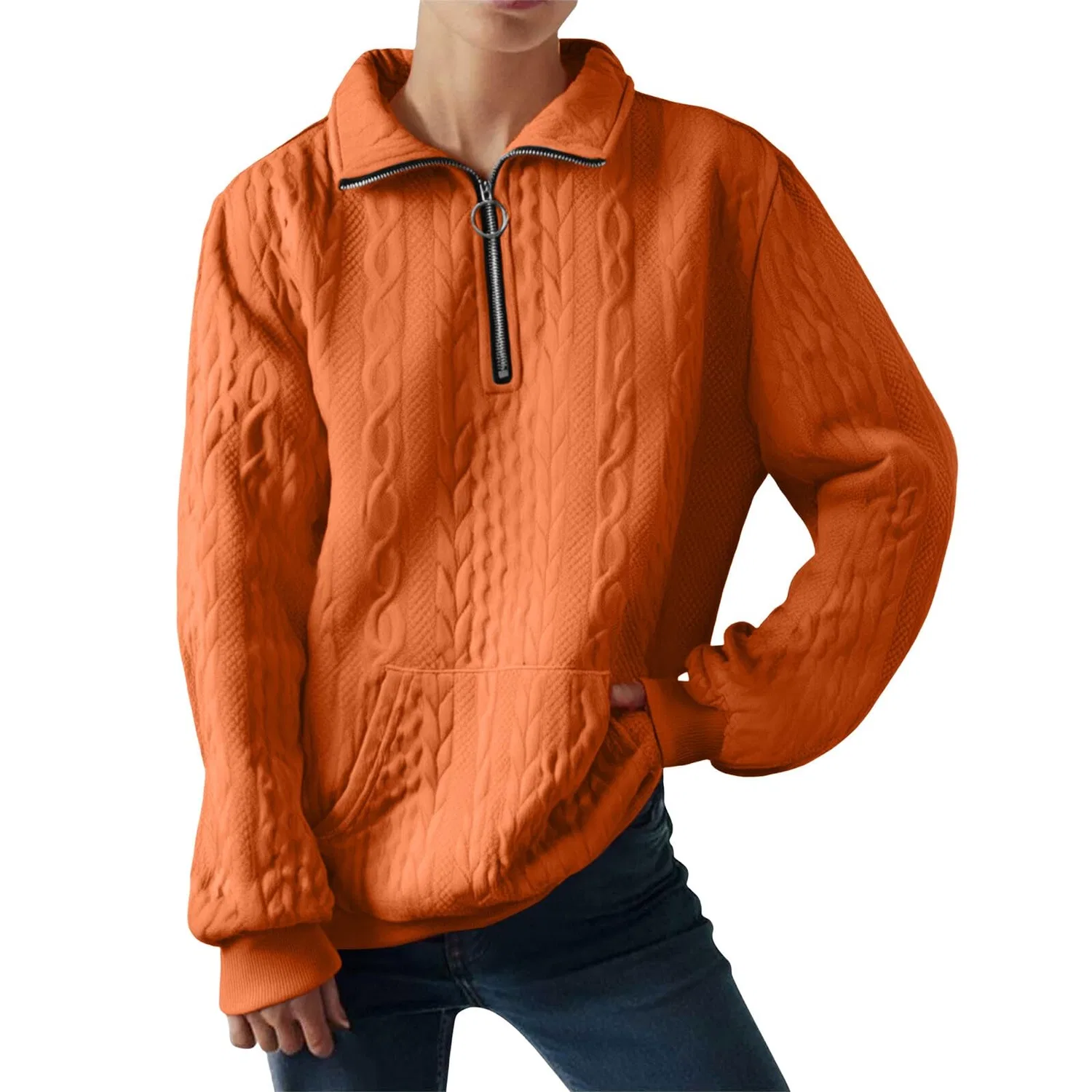 Женский свитшот с высоким воротом и полузастежкой-молнией, Orange — фото 4