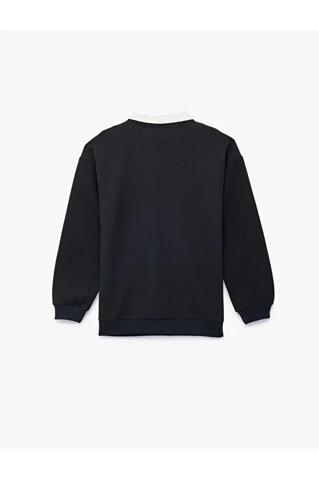 Детские свитшот для мальчиков с длинным рукавом Textured Long Sleeve Polo Collar Sweatshirt Koton, Navy Blue — фото 4