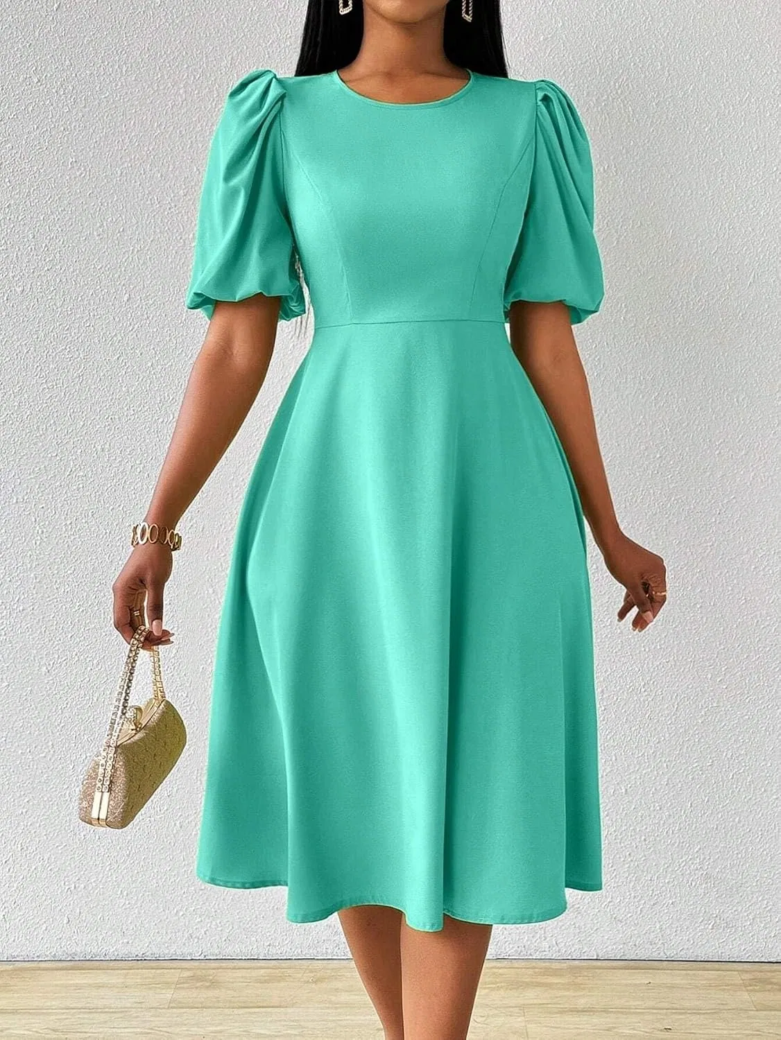 Женское платье миди с пышными рукавами A-силуэта Mint Green — фото 4