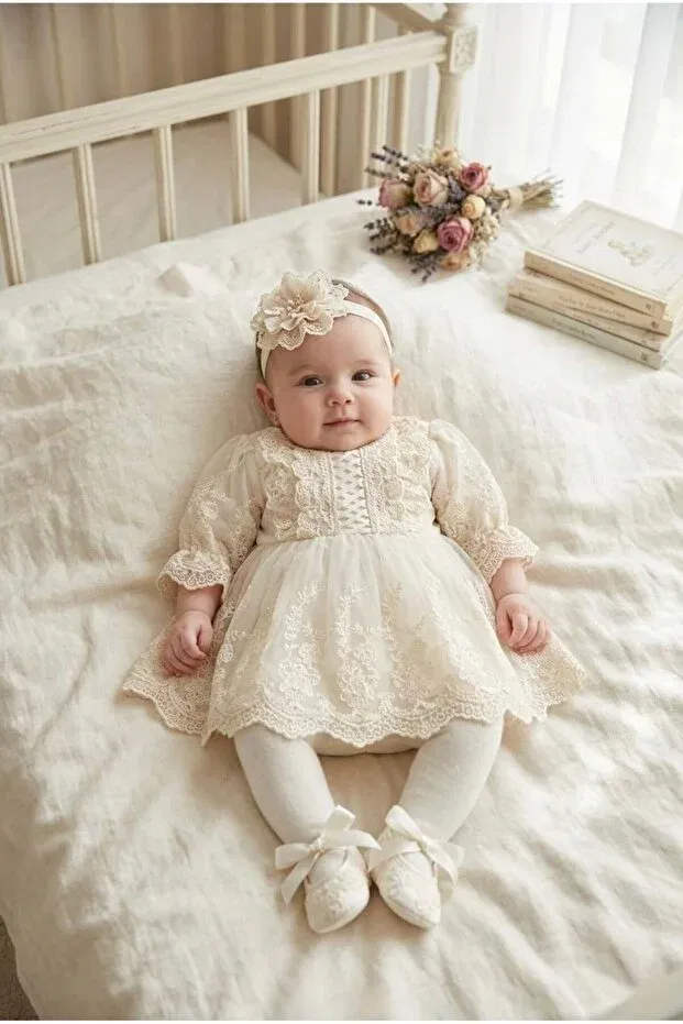 Детский комплект для новорожденных девочек кружевной Lily Zeynuko, Cream — фото 2